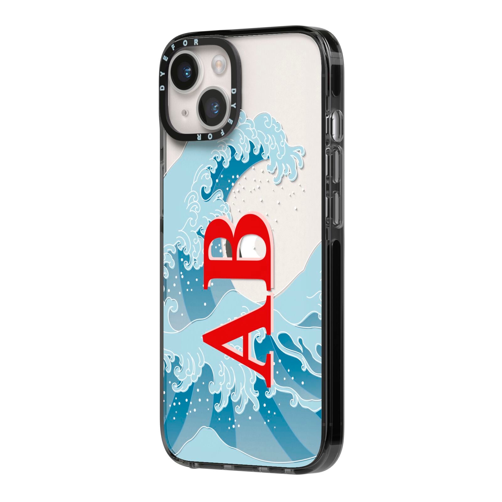 Custom Wave Initials iPhone 14 Black Impact Case Side Angle on Silver phone