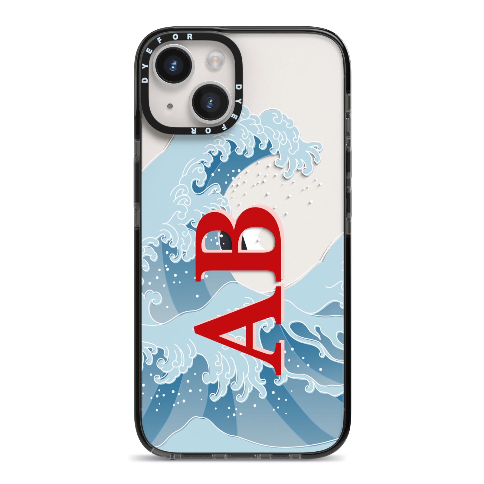Custom Wave Initials iPhone 14 Black Impact Case on Silver phone