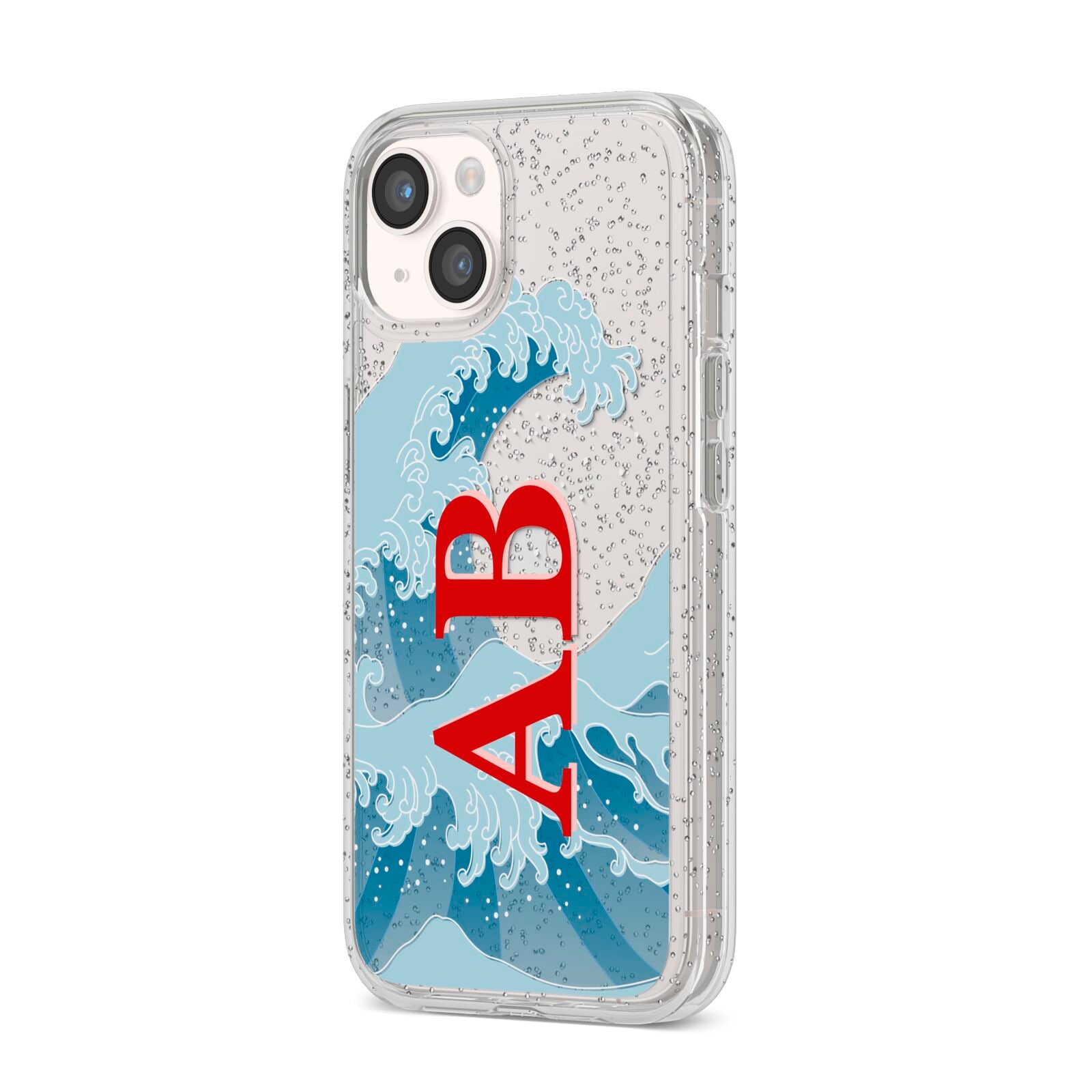 Custom Wave Initials iPhone 14 Glitter Tough Case Starlight Angled Image