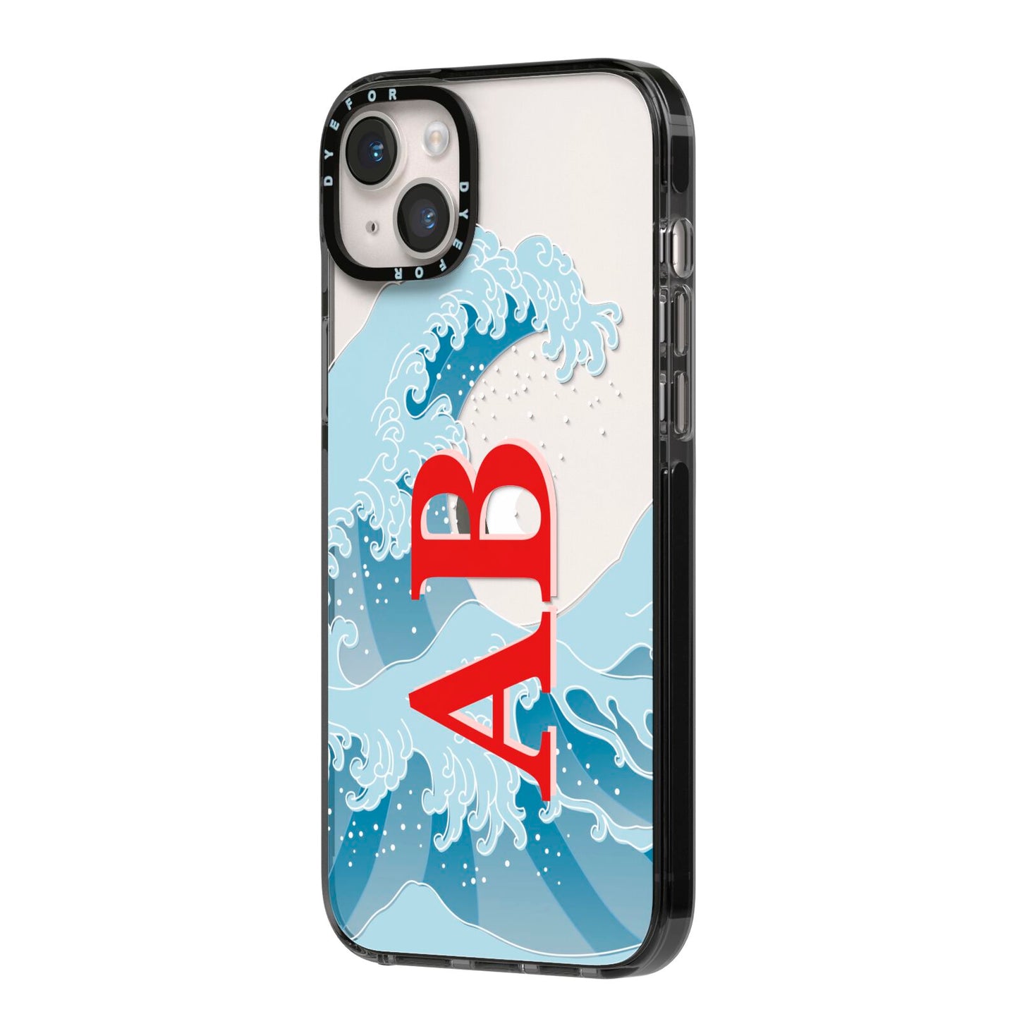 Custom Wave Initials iPhone 14 Plus Black Impact Case Side Angle on Silver phone