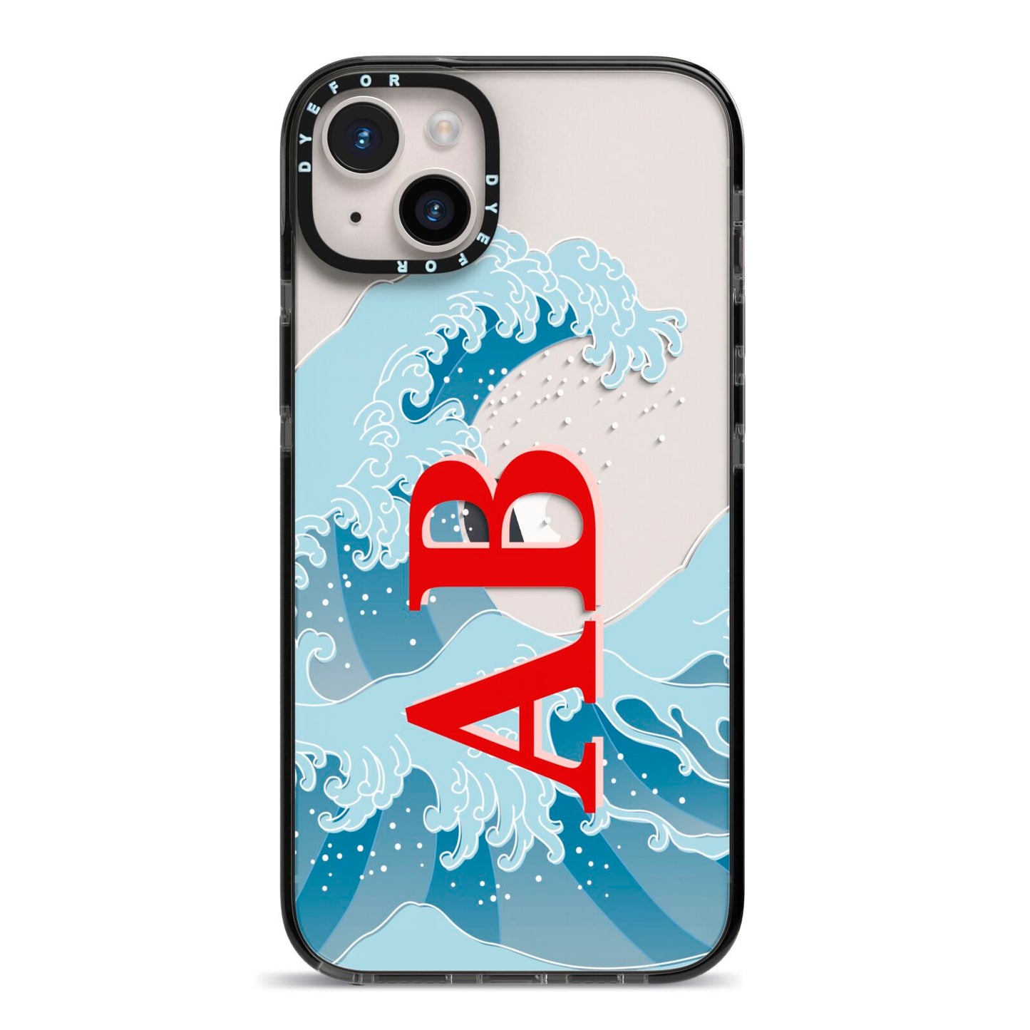 Custom Wave Initials iPhone 14 Plus Black Impact Case on Silver phone