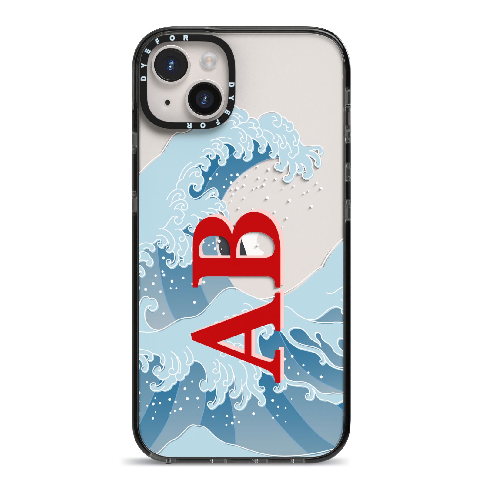 Custom Wave Initials iPhone 14 Plus Black Impact Case on Silver phone