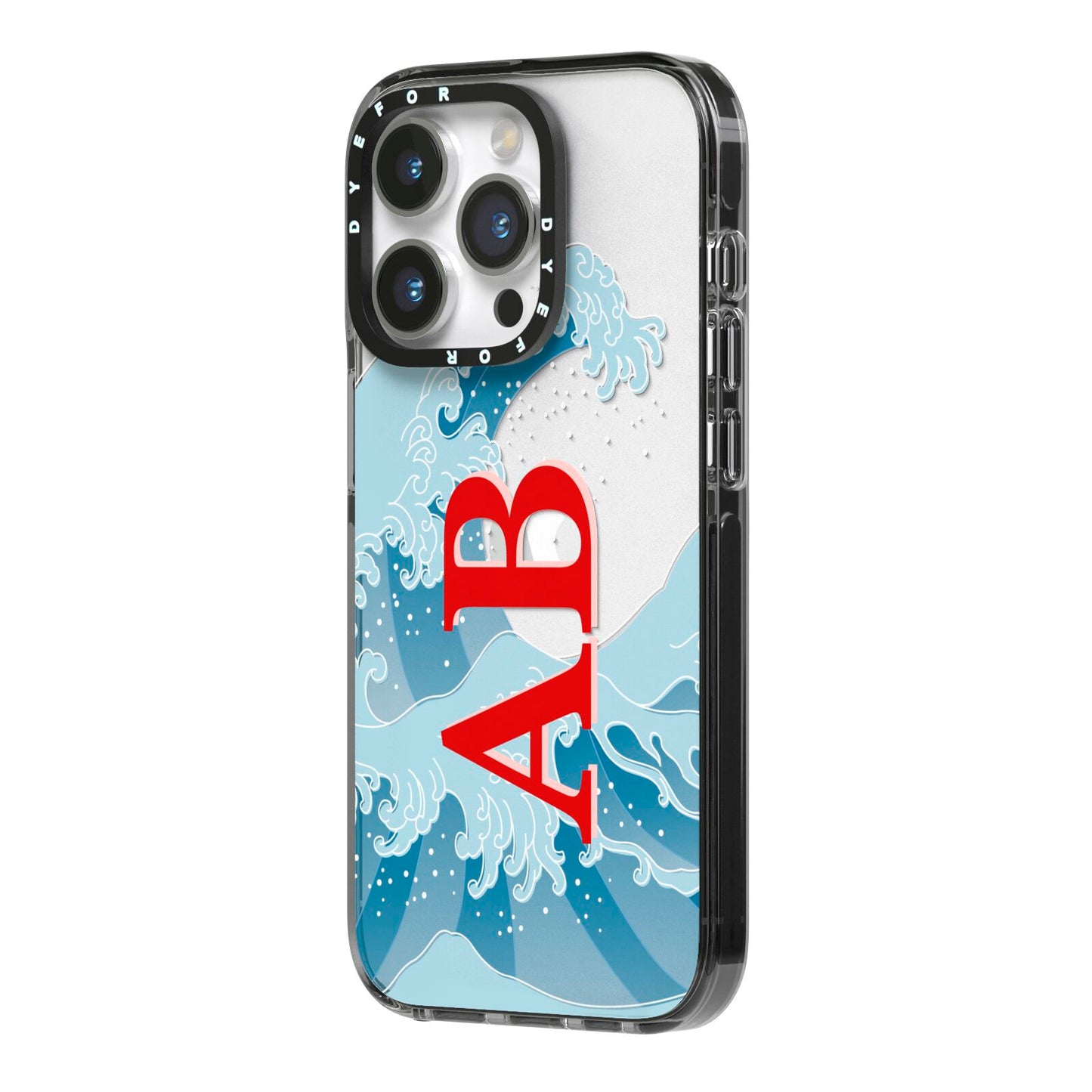 Custom Wave Initials iPhone 14 Pro Black Impact Case Side Angle on Silver phone
