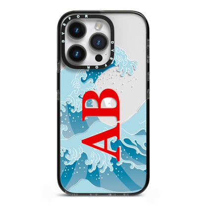 Custom Wave Initials iPhone 14 Pro Black Impact Case on Silver phone