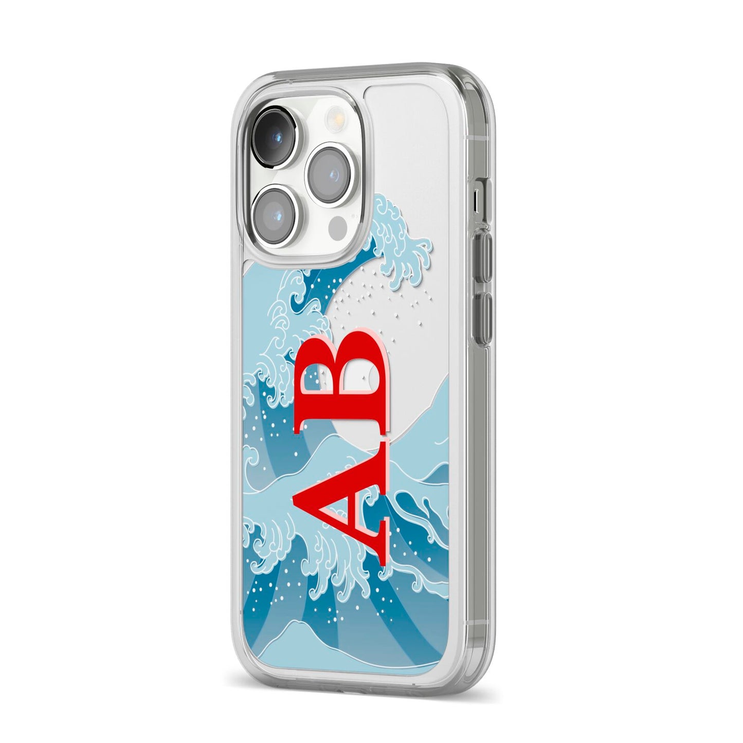Custom Wave Initials iPhone 14 Pro Clear Tough Case Silver Angled Image