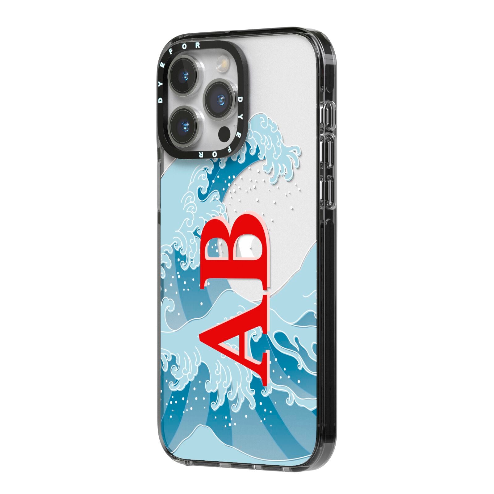 Custom Wave Initials iPhone 14 Pro Max Black Impact Case Side Angle on Silver phone