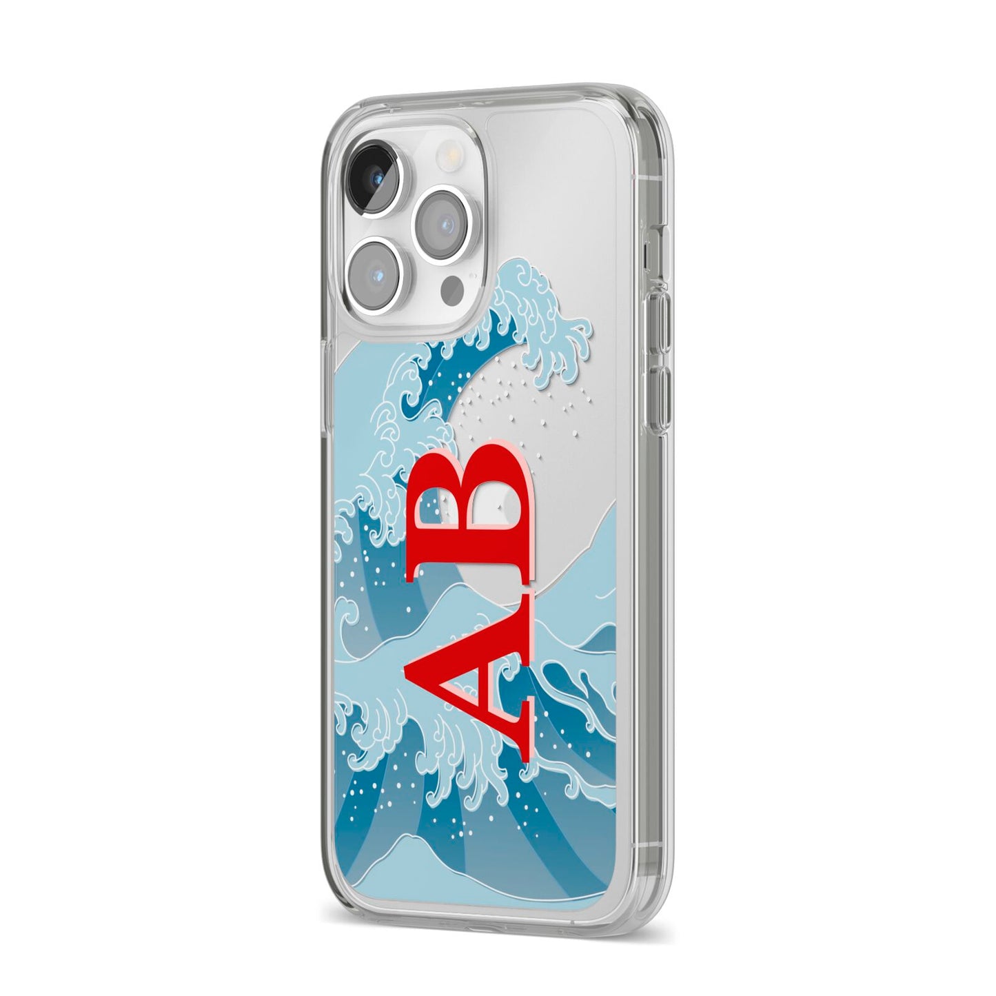Custom Wave Initials iPhone 14 Pro Max Clear Tough Case Silver Angled Image