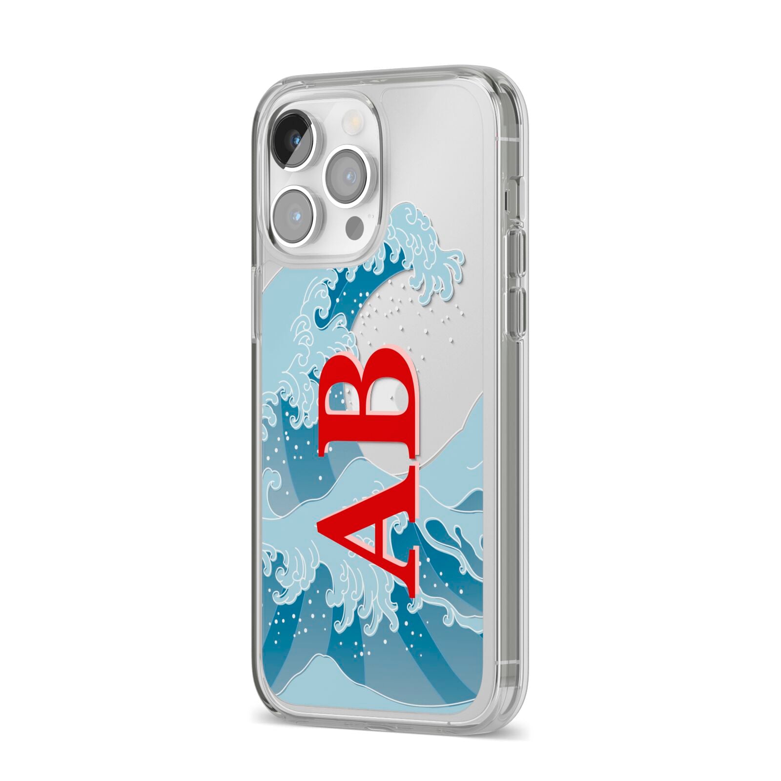 Custom Wave Initials iPhone 14 Pro Max Clear Tough Case Silver Angled Image