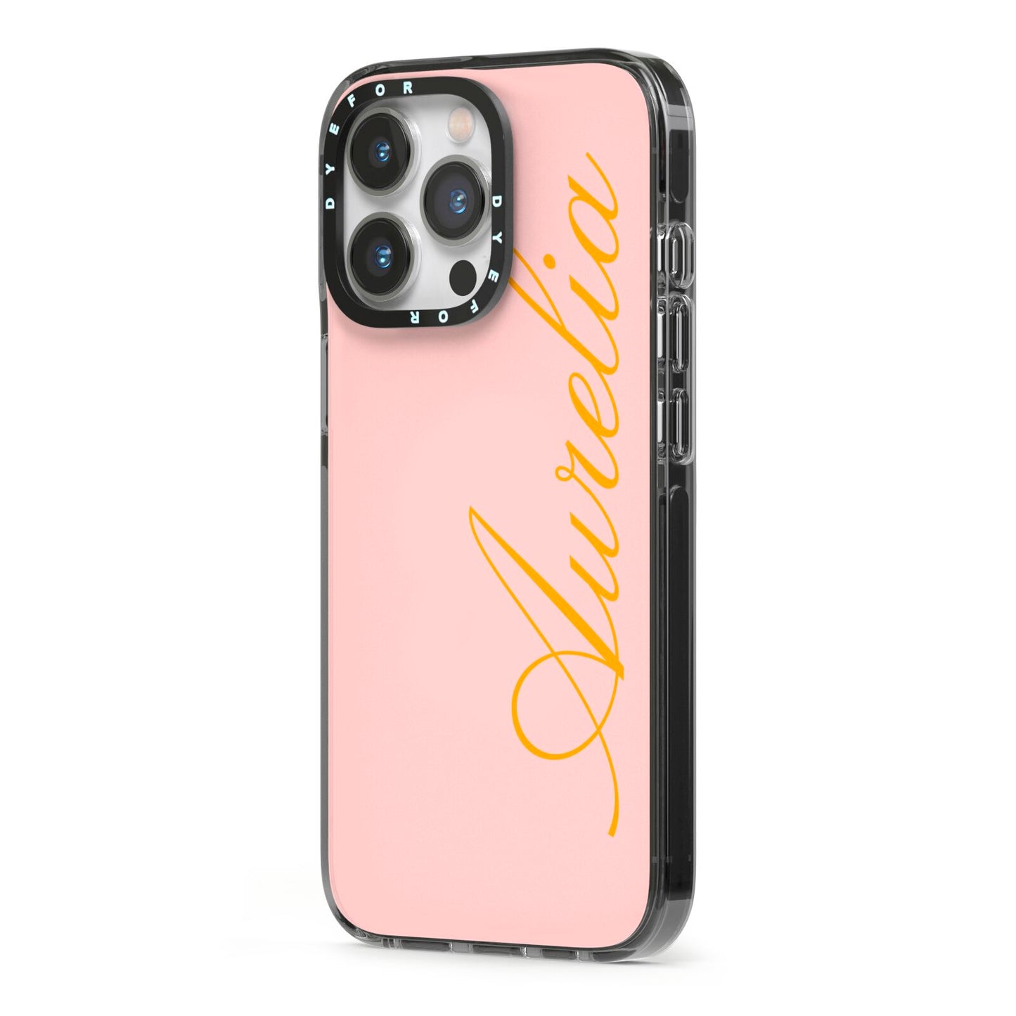 Custom iPhone 13 Pro Black Impact Case Side Angle on Silver phone