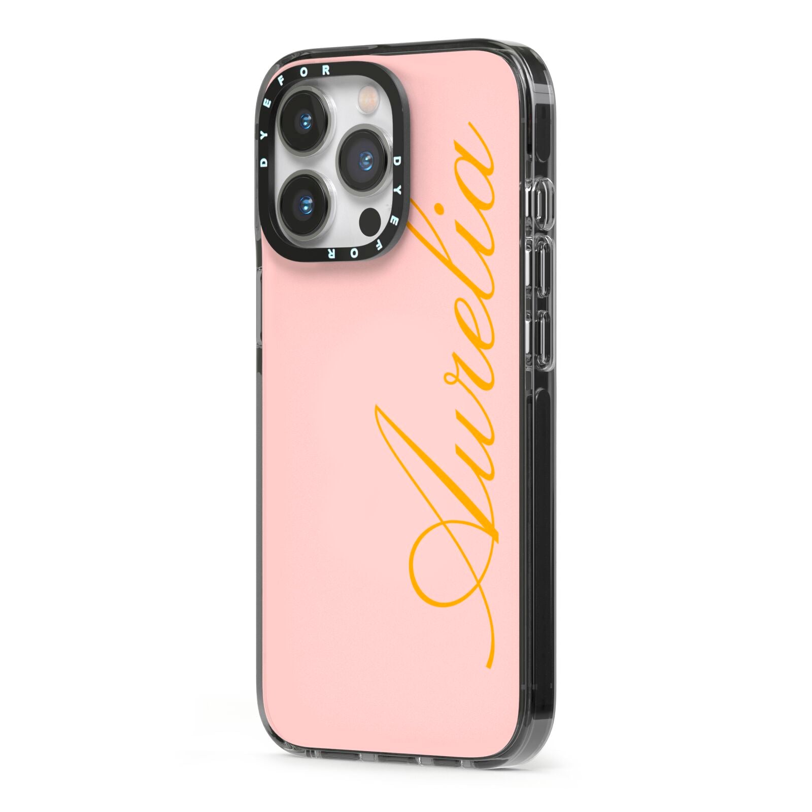 Custom iPhone 13 Pro Black Impact Case Side Angle on Silver phone