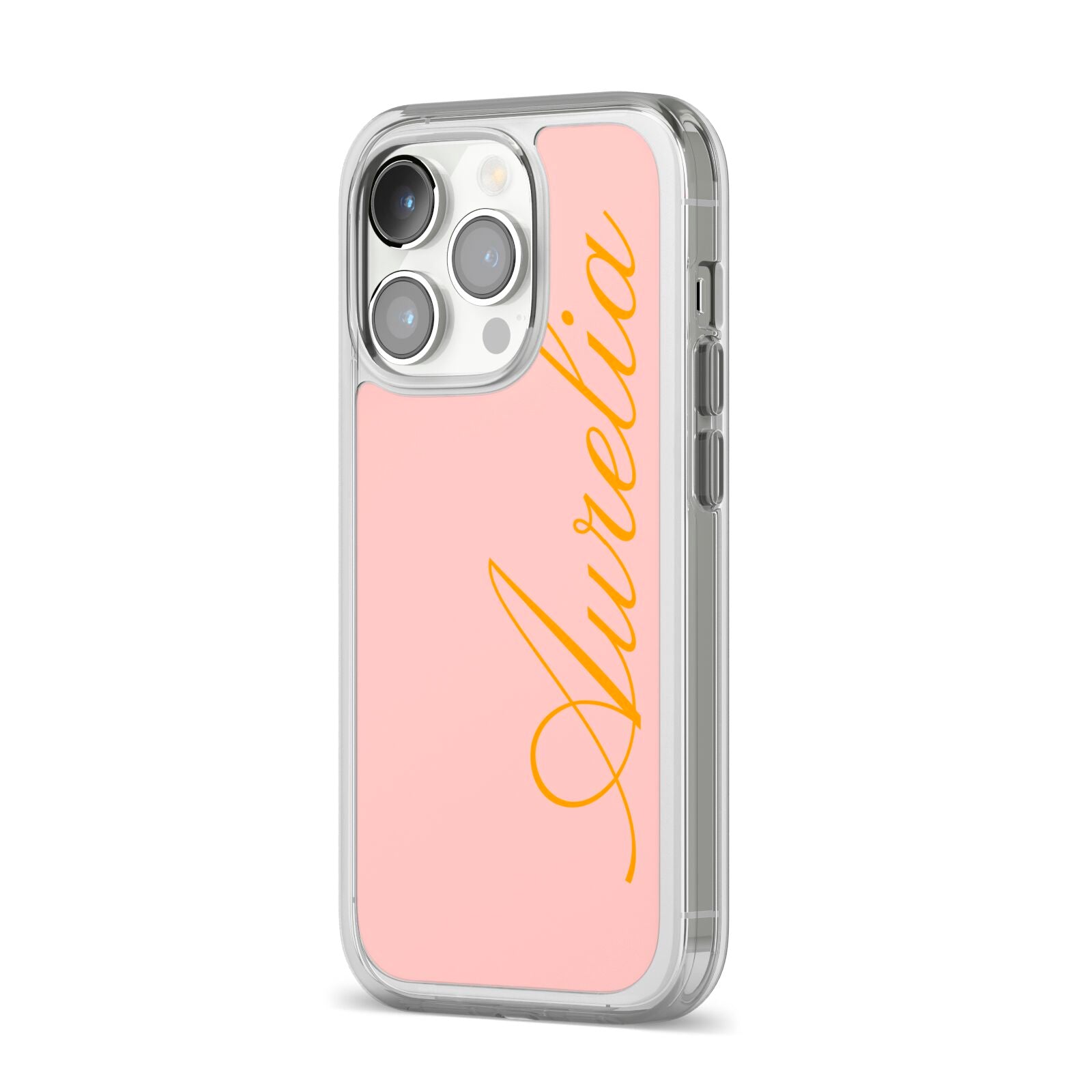Custom iPhone 14 Pro Clear Tough Case Silver Angled Image