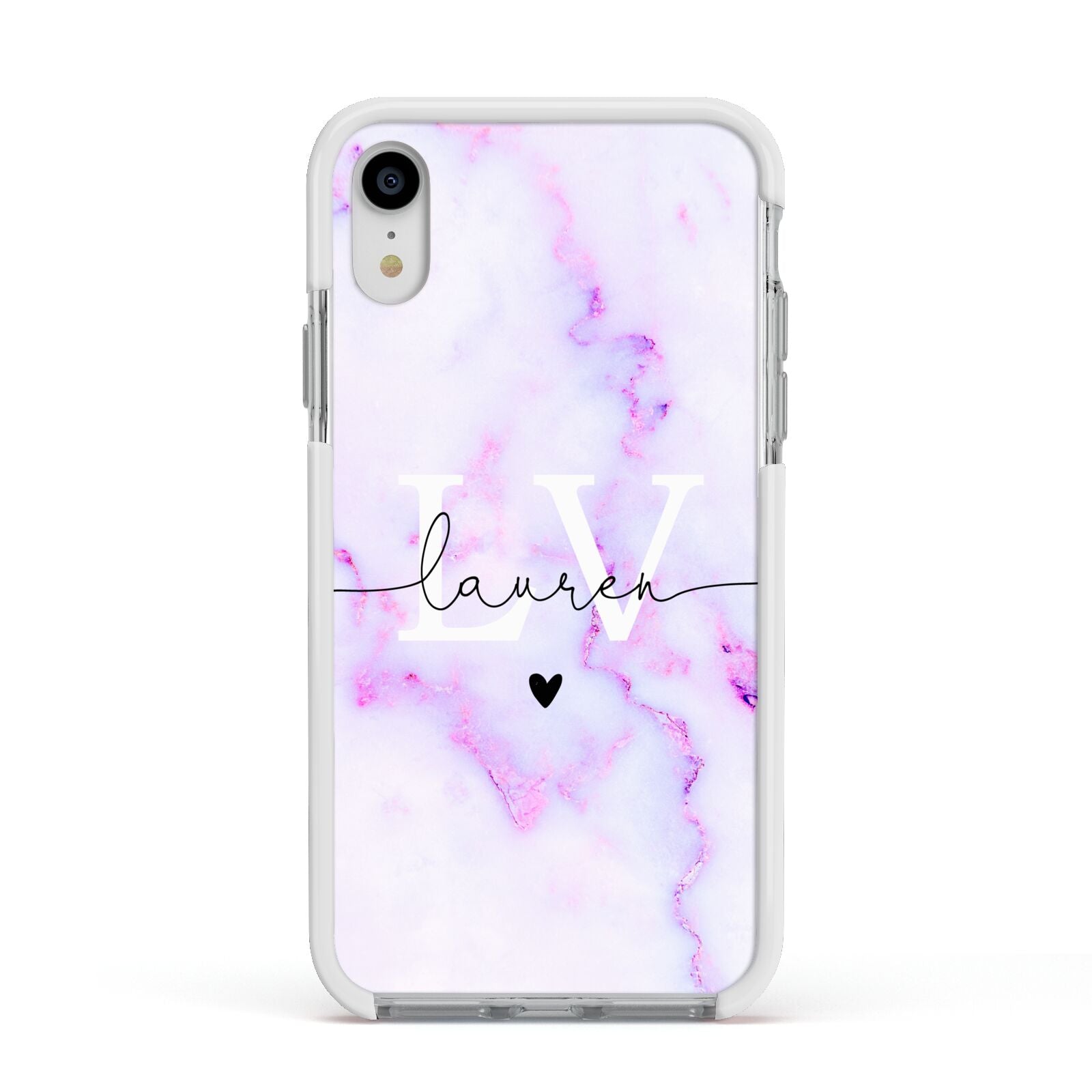 Customisable Name Initial Marble Apple iPhone XR Impact Case White Edge on Silver Phone