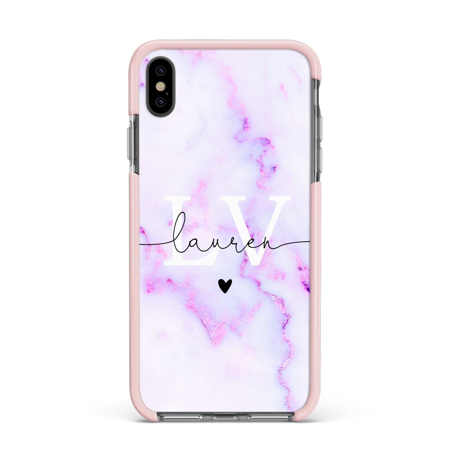 Customisable Name Initial Marble Apple iPhone Xs Max Impact Case Pink Edge on Black Phone
