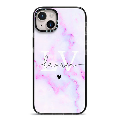 Customisable Name Initial Marble iPhone 14 Plus Black Impact Case on Silver phone