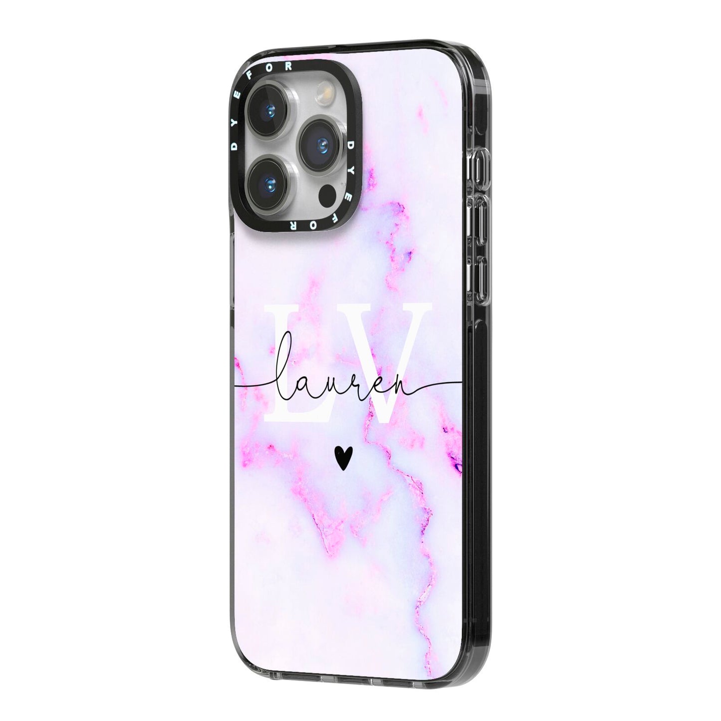 Customisable Name Initial Marble iPhone 14 Pro Max Black Impact Case Side Angle on Silver phone