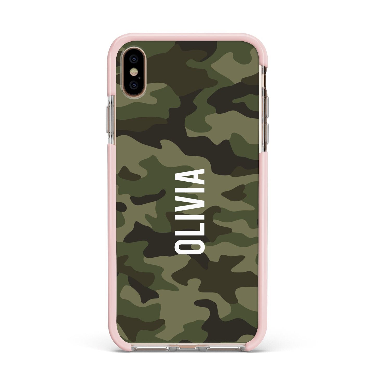 Customised Camouflage Apple iPhone Xs Max Impact Case Pink Edge on Gold Phone