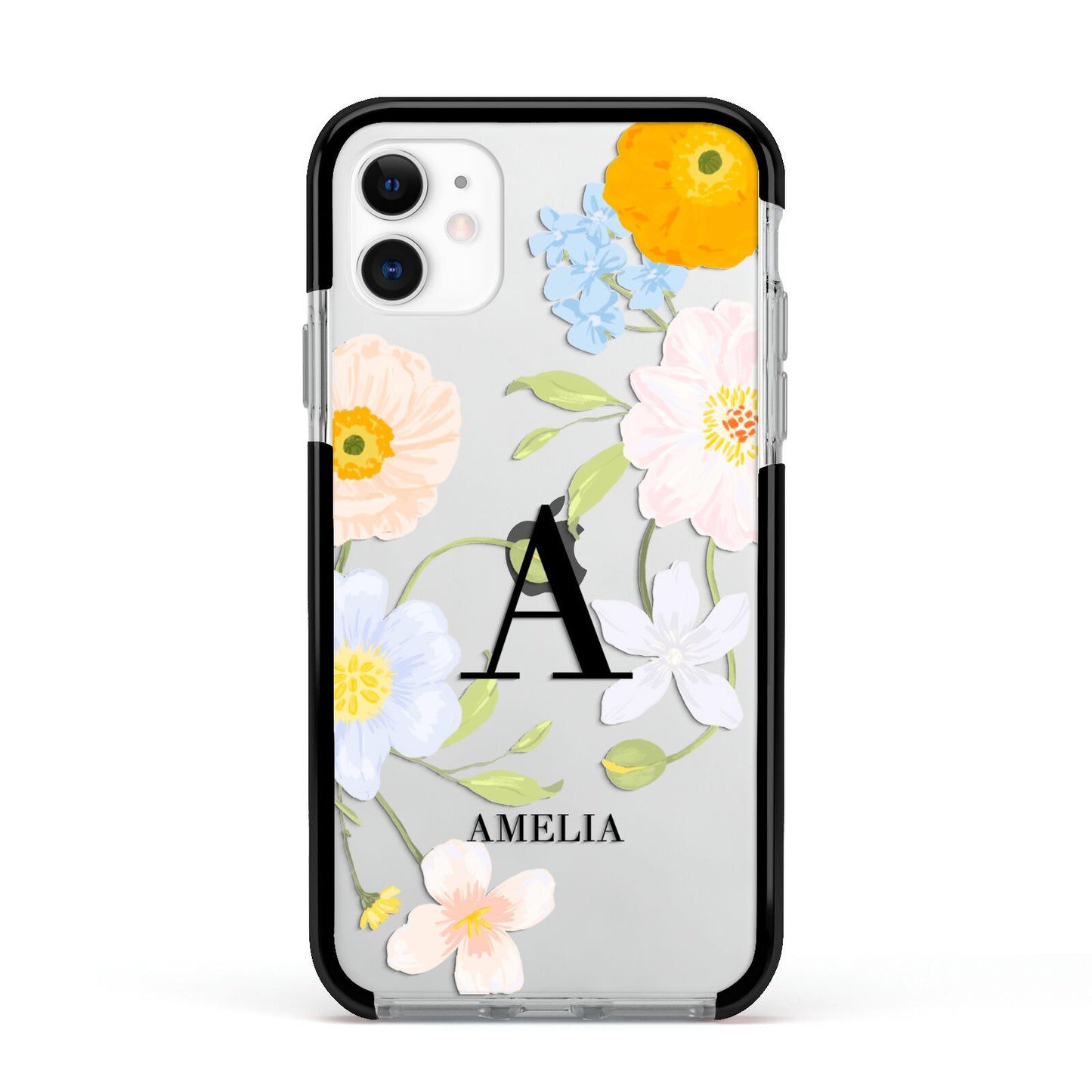 Customised Floral Apple iPhone 11 in White with Black Impact Case