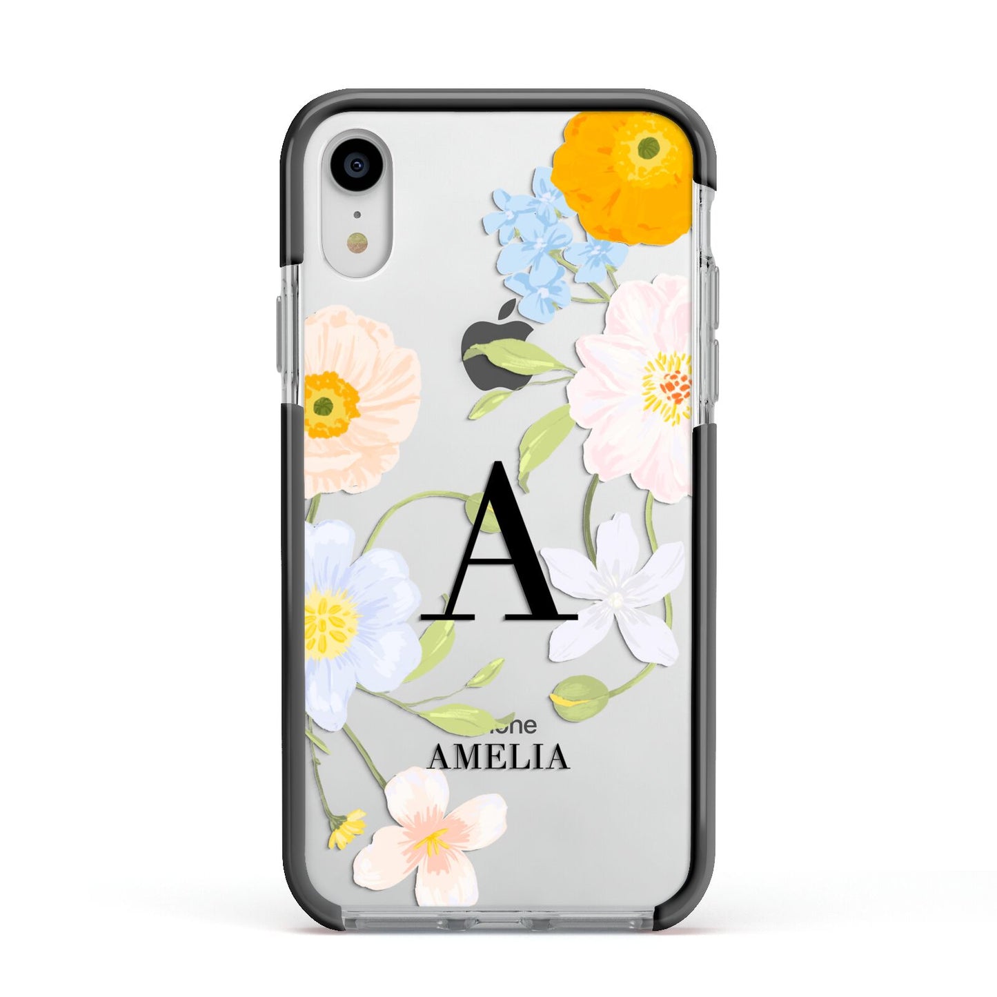 Customised Floral Apple iPhone XR Impact Case Black Edge on Silver Phone
