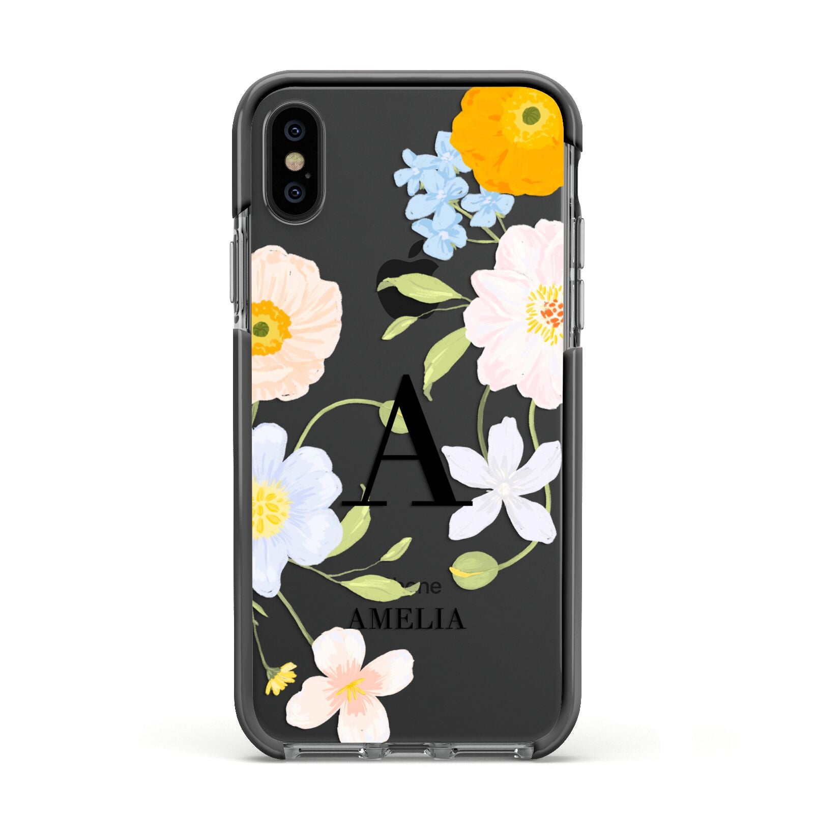 Customised Floral Apple iPhone Xs Impact Case Black Edge on Black Phone