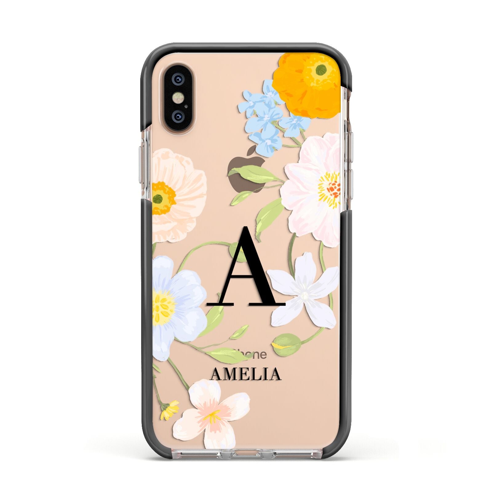 Customised Floral Apple iPhone Xs Impact Case Black Edge on Gold Phone