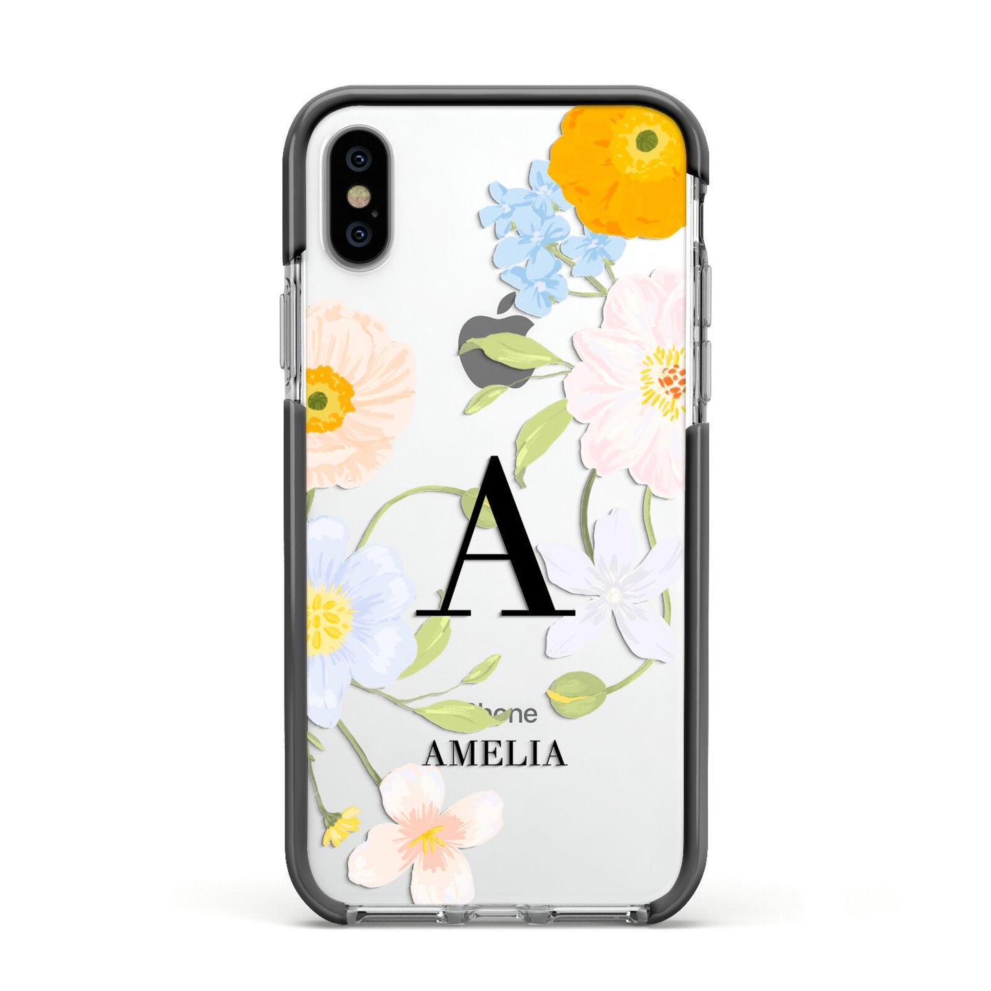 Customised Floral Apple iPhone Xs Impact Case Black Edge on Silver Phone