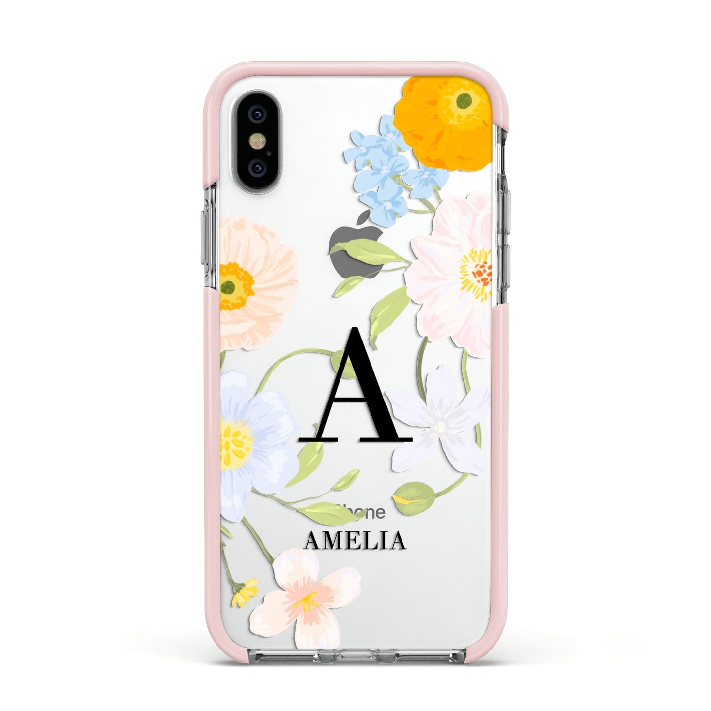 Customised Floral Apple iPhone Xs Impact Case Pink Edge on Silver Phone