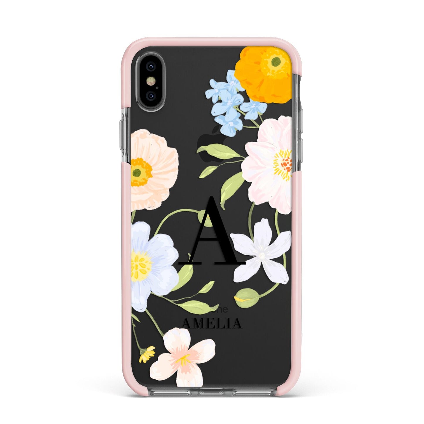 Customised Floral Apple iPhone Xs Max Impact Case Pink Edge on Black Phone