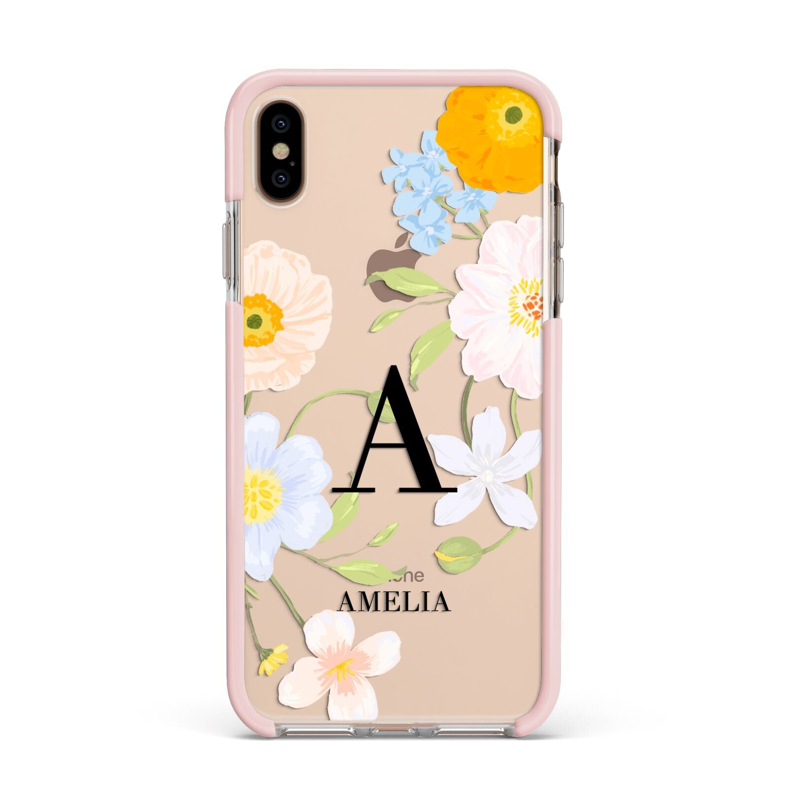 Customised Floral Apple iPhone Xs Max Impact Case Pink Edge on Gold Phone