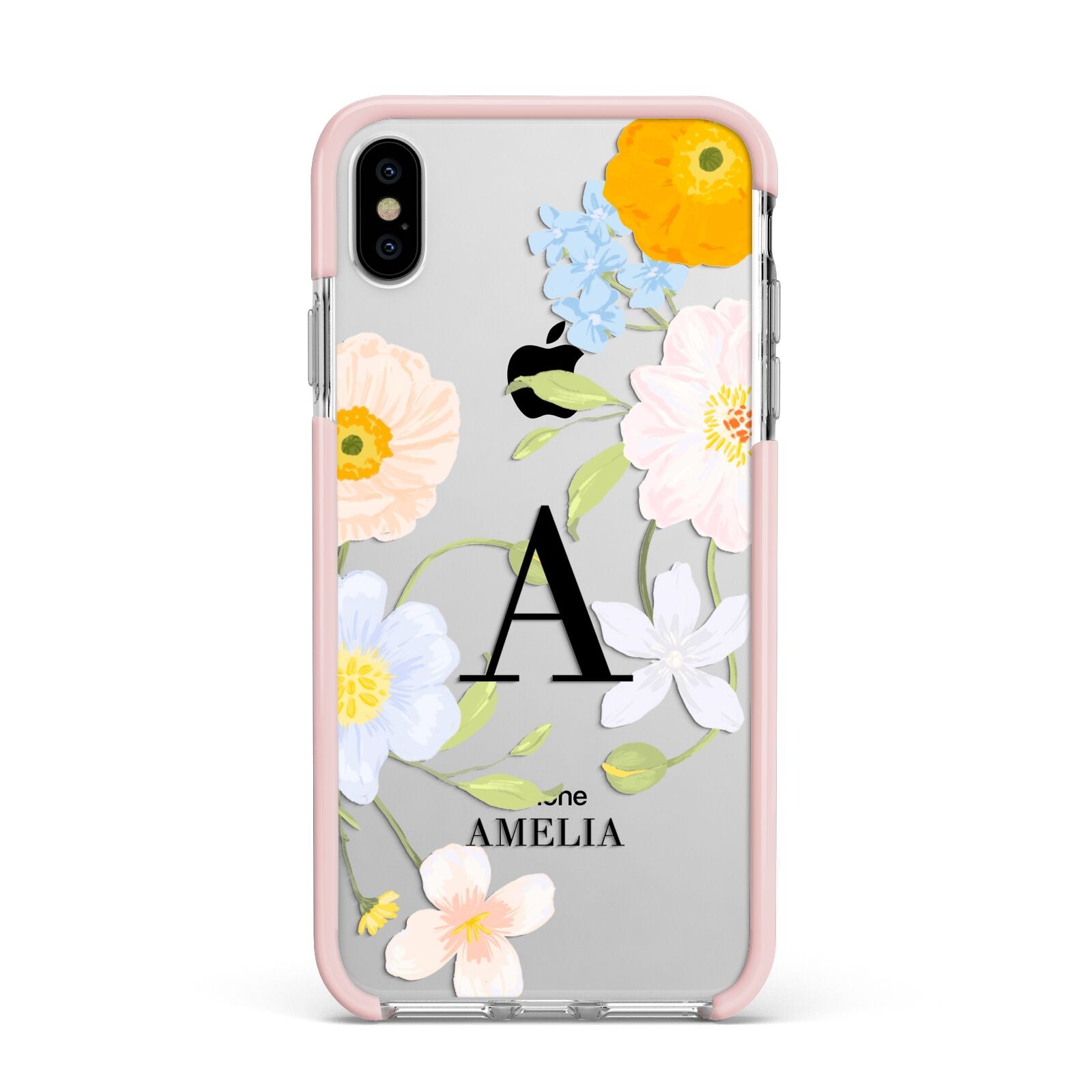 Customised Floral Apple iPhone Xs Max Impact Case Pink Edge on Silver Phone
