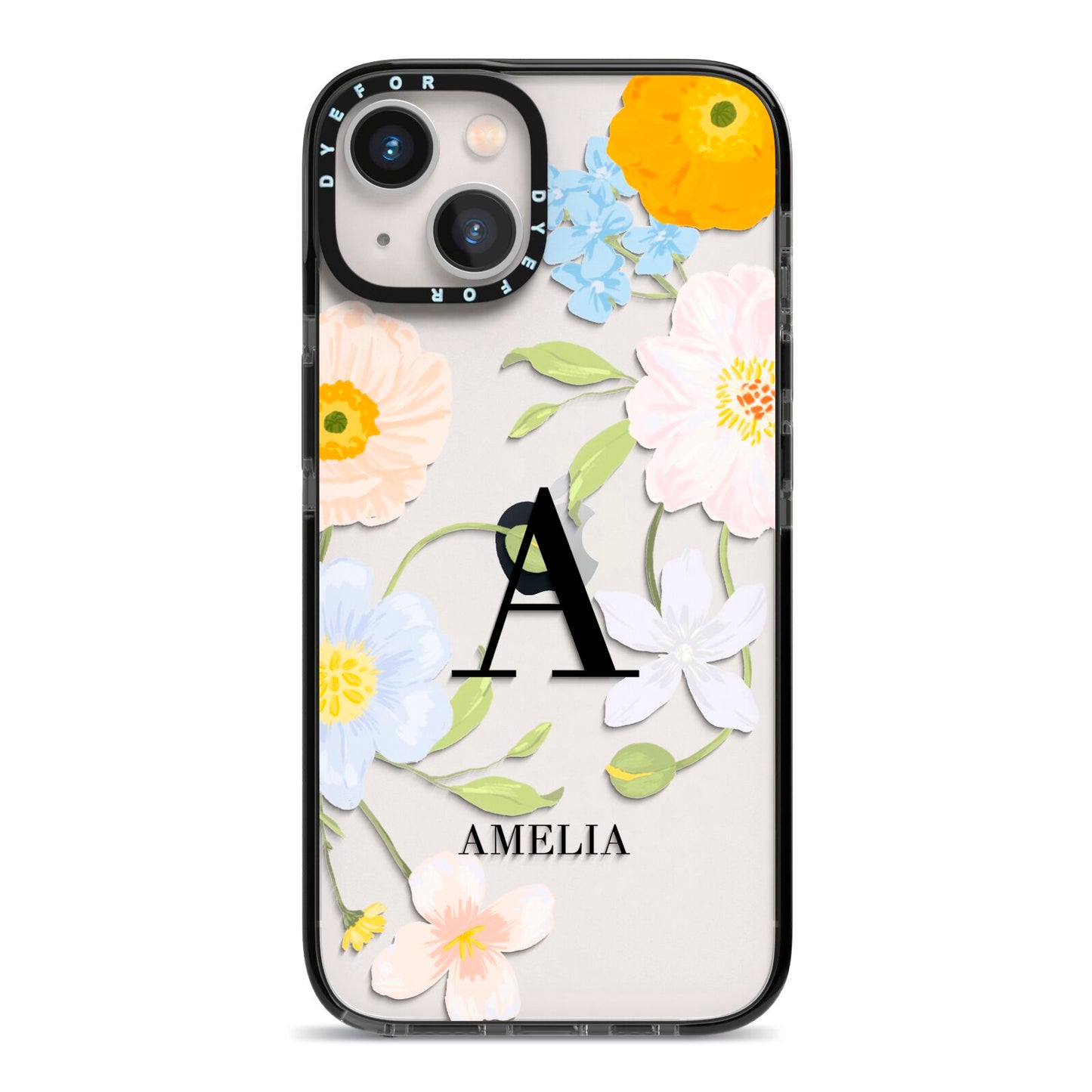 Customised Floral iPhone 13 Black Impact Case on Silver phone