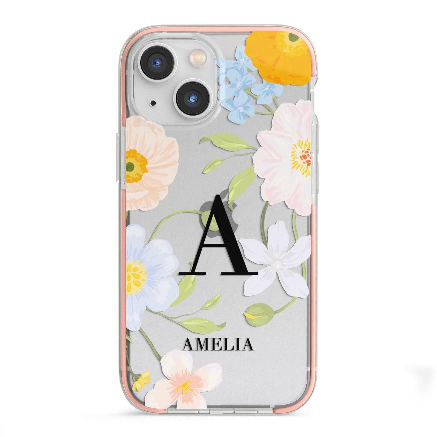 Customised Floral iPhone 13 Mini TPU Impact Case with Pink Edges