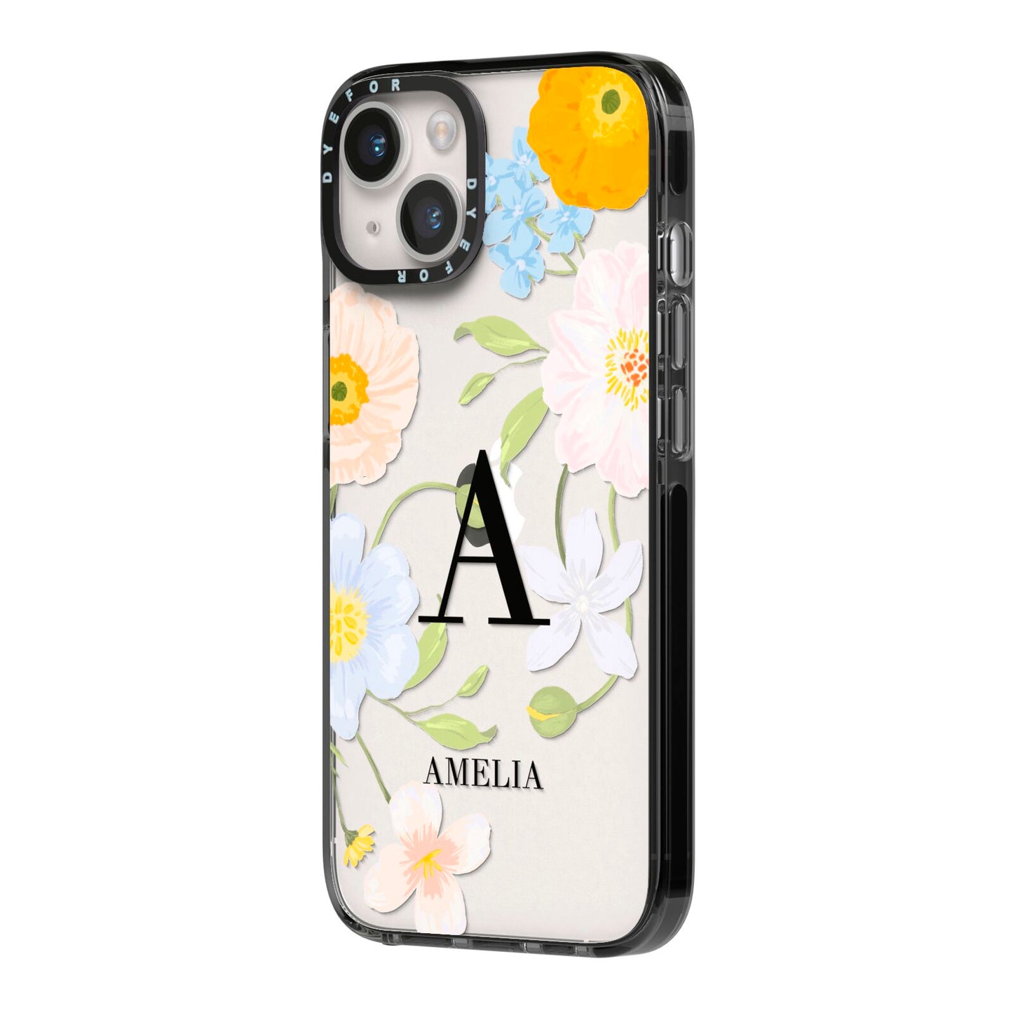 Customised Floral iPhone 14 Black Impact Case Side Angle on Silver phone