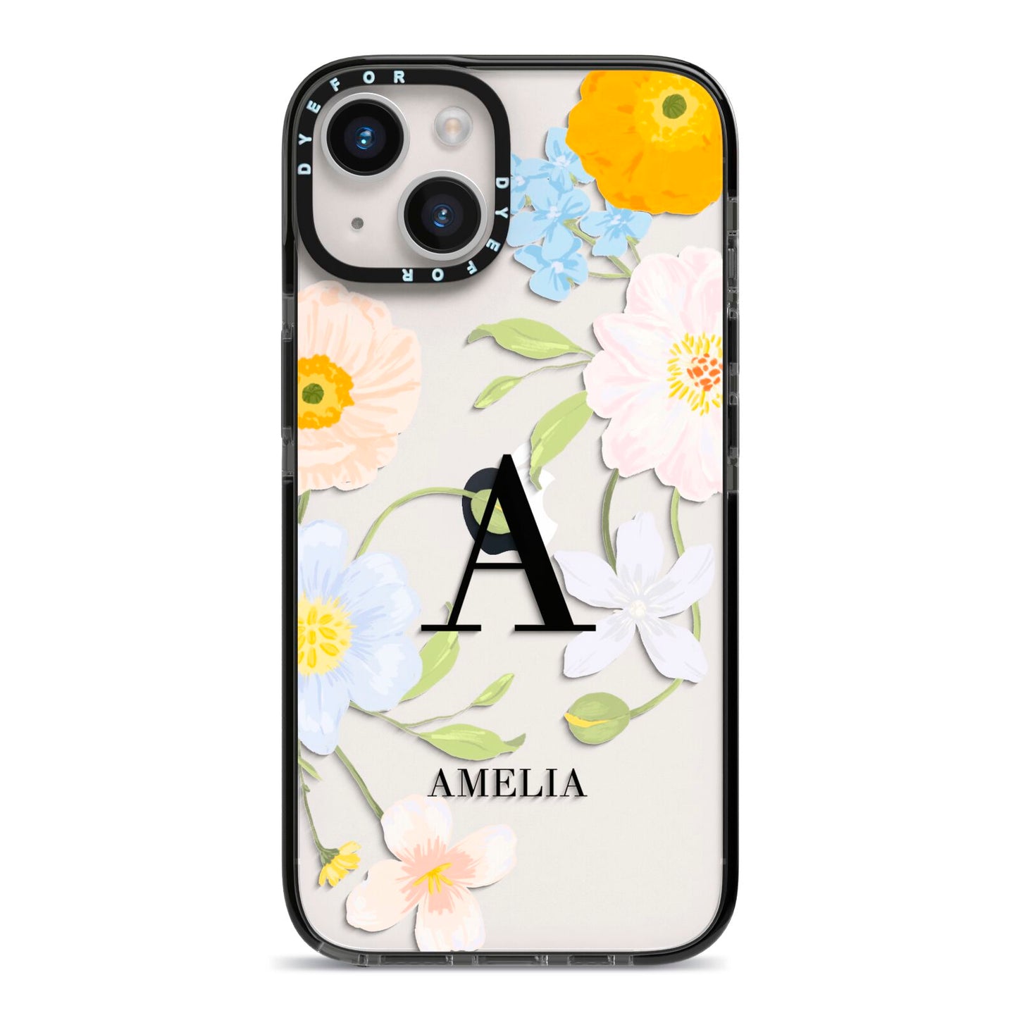 Customised Floral iPhone 14 Black Impact Case on Silver phone
