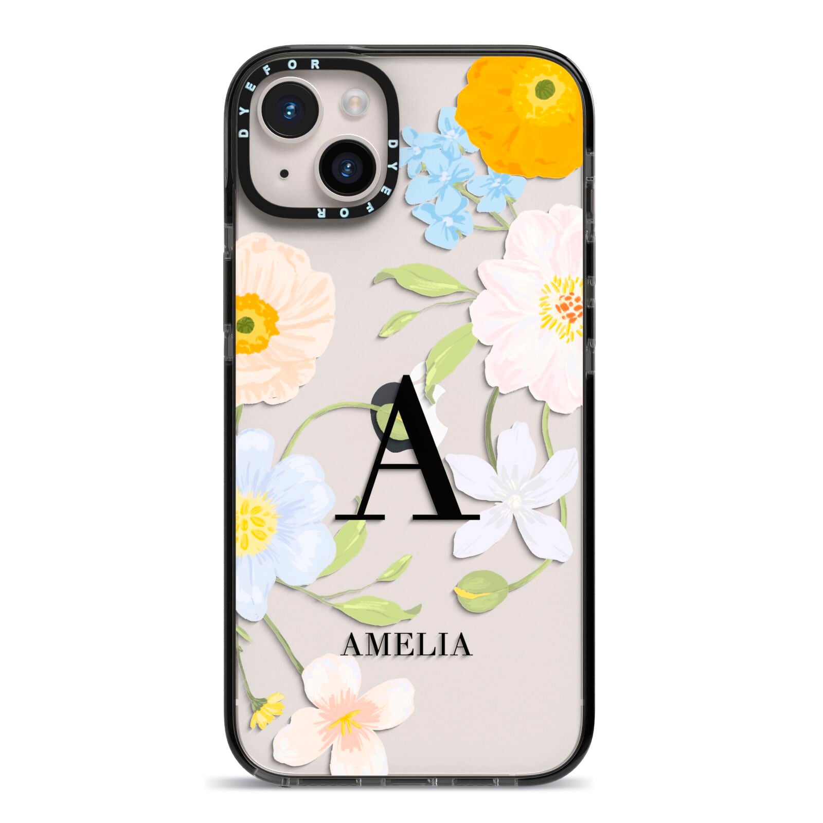 Customised Floral iPhone 14 Plus Black Impact Case on Silver phone