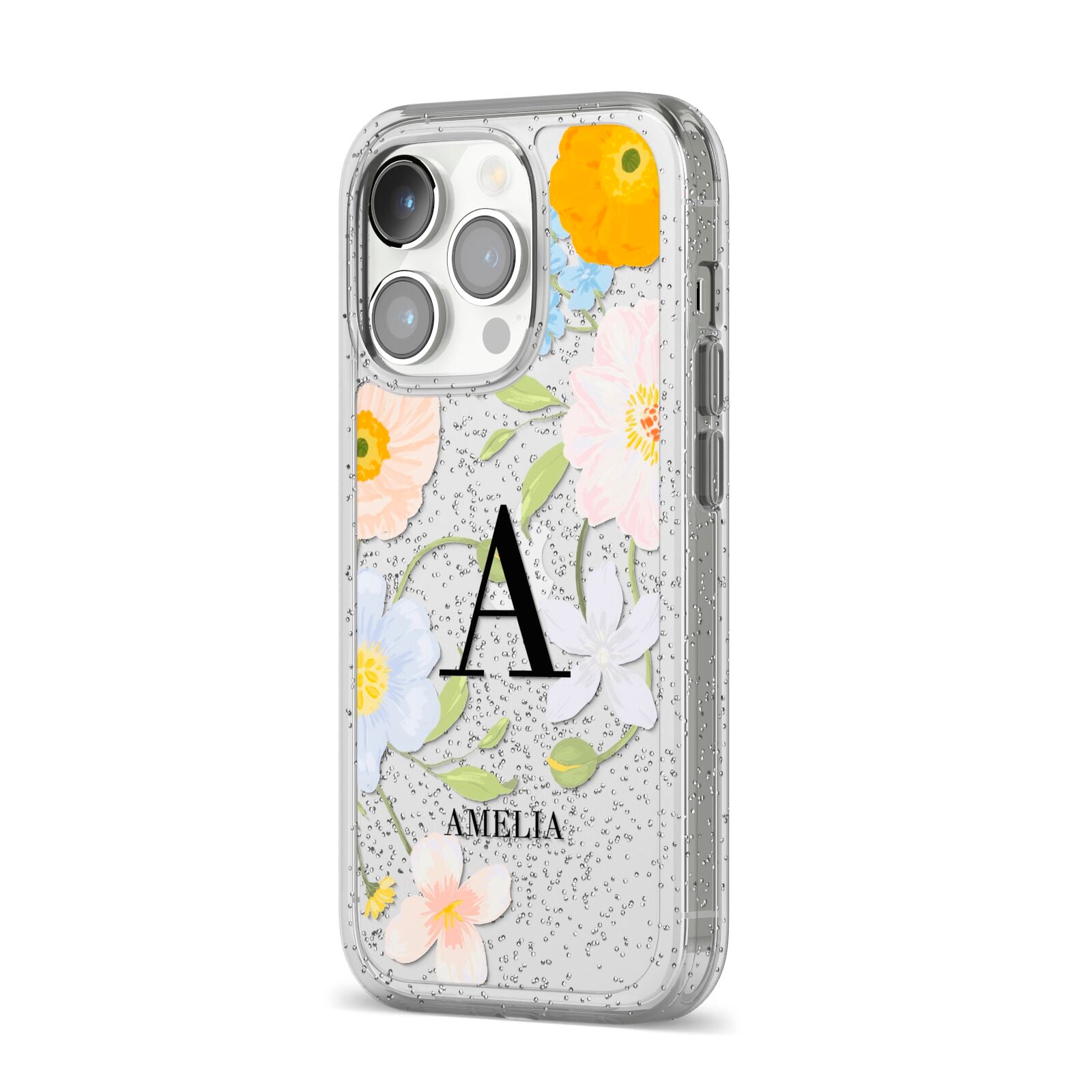 Customised Floral iPhone 14 Pro Glitter Tough Case Silver Angled Image