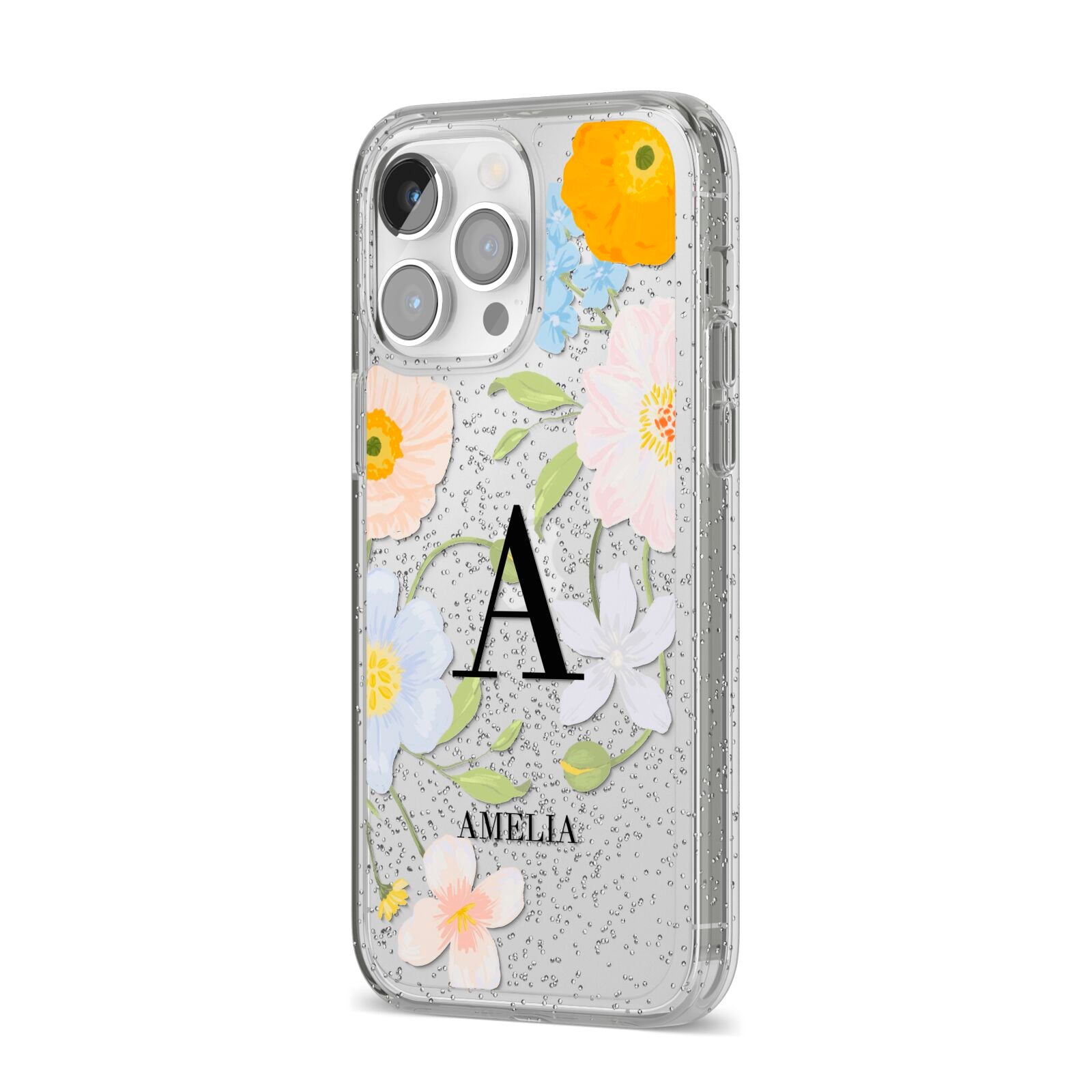 Customised Floral iPhone 14 Pro Max Glitter Tough Case Silver Angled Image