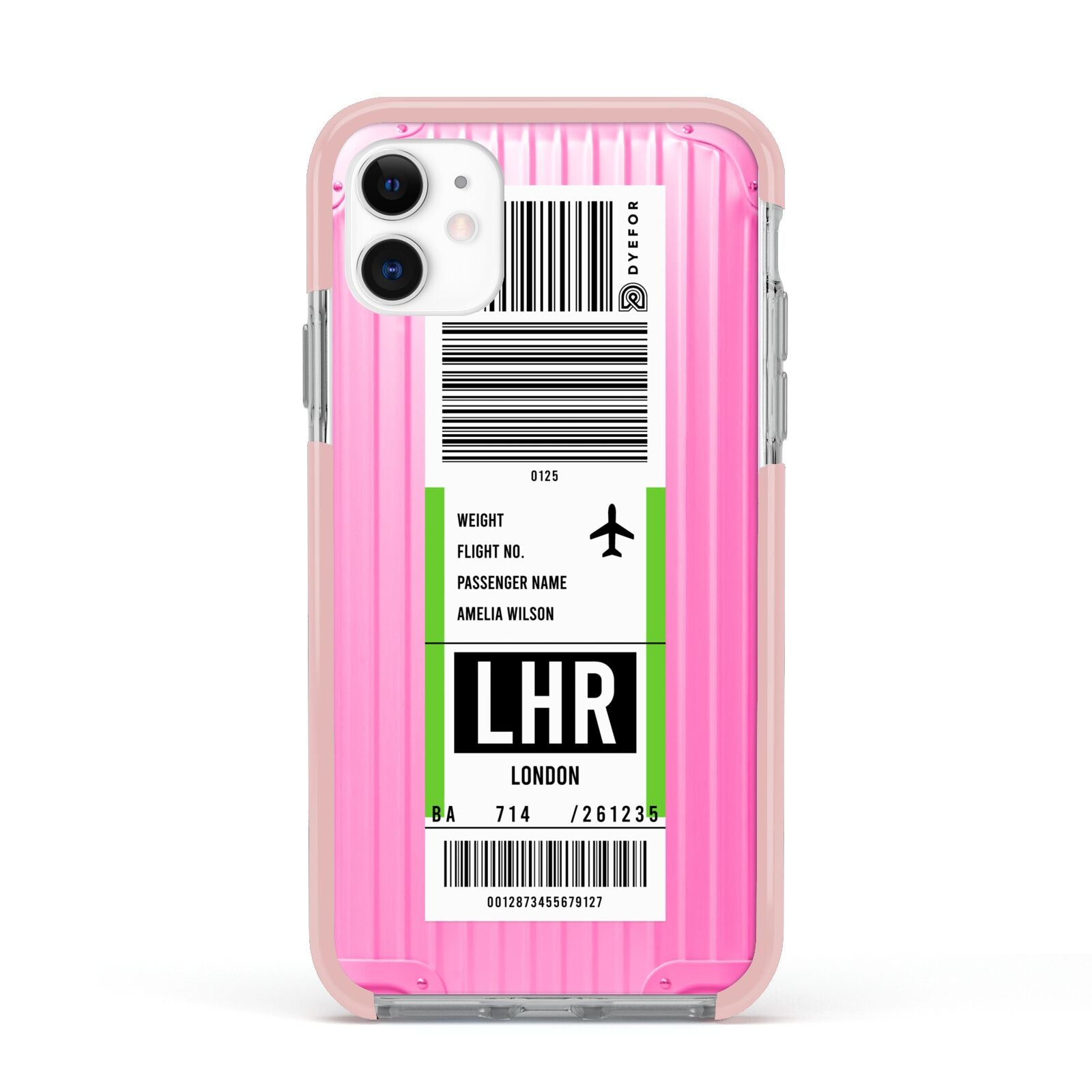 Customised Luggage Tag Apple iPhone 11 in White with Pink Impact Case