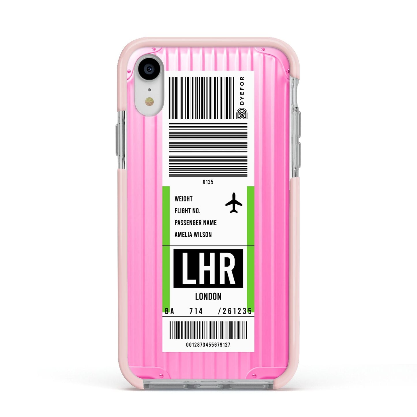 Customised Luggage Tag Apple iPhone XR Impact Case Pink Edge on Silver Phone