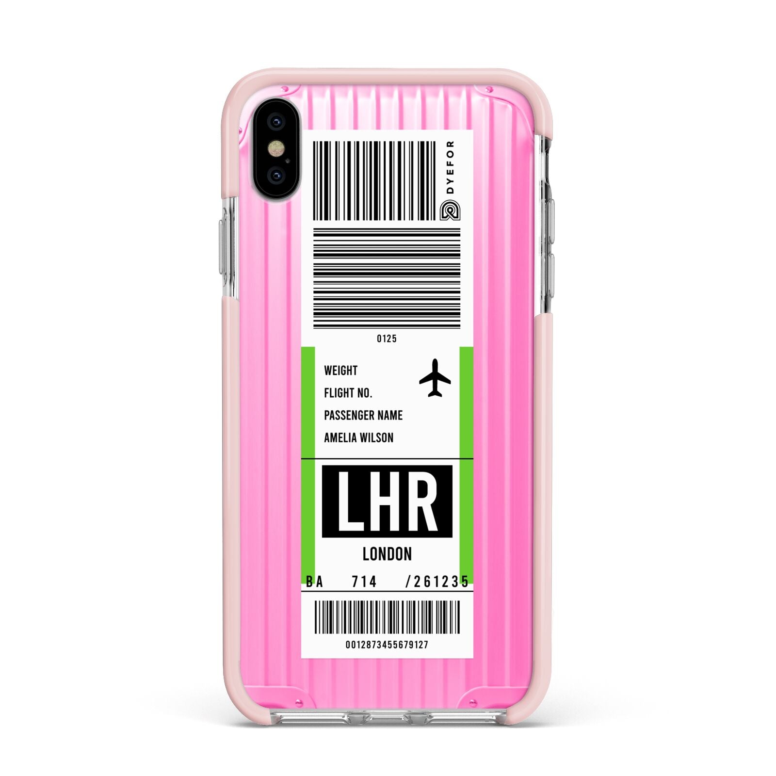 Customised Luggage Tag Apple iPhone Xs Max Impact Case Pink Edge on Silver Phone