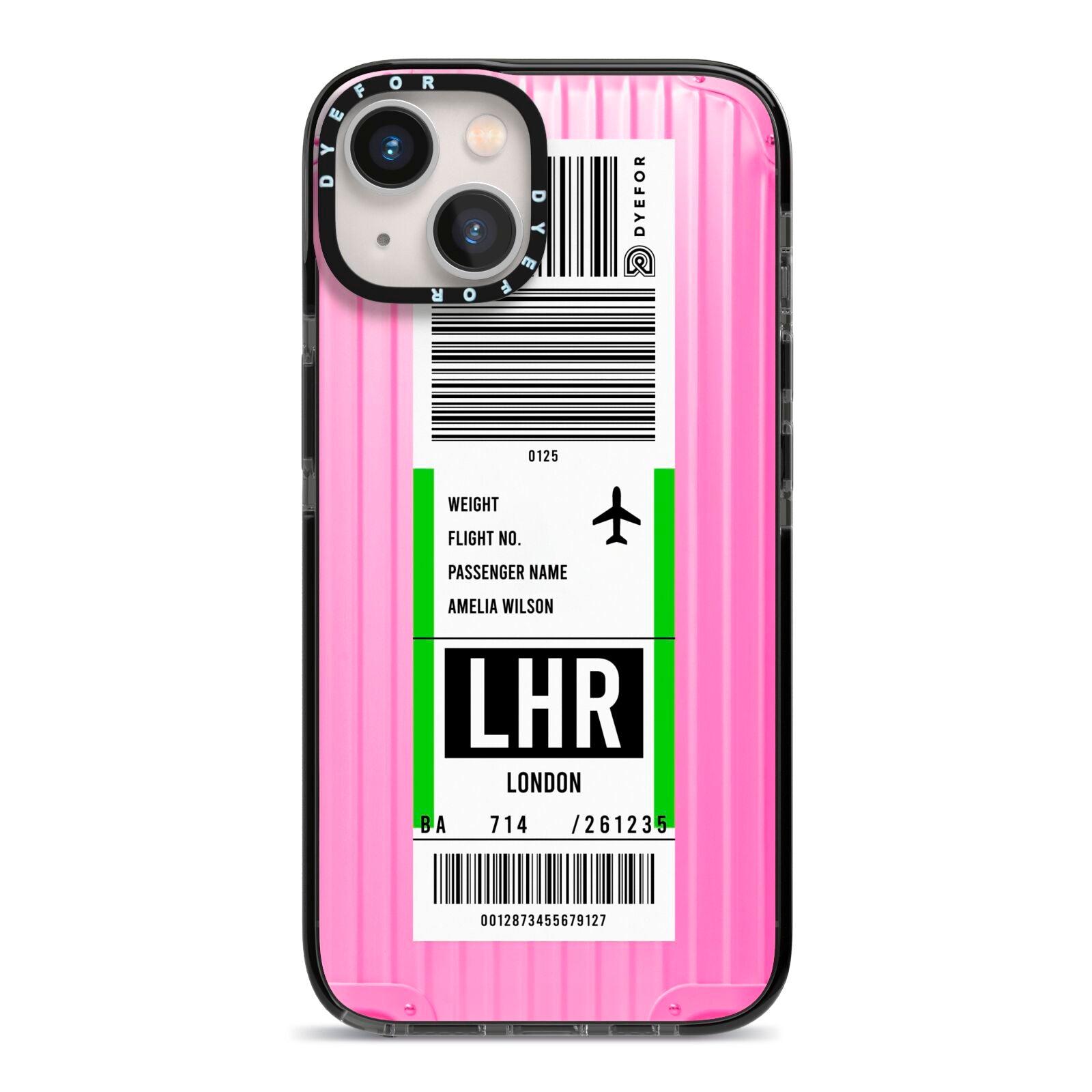 Customised Luggage Tag iPhone 13 Black Impact Case on Silver phone