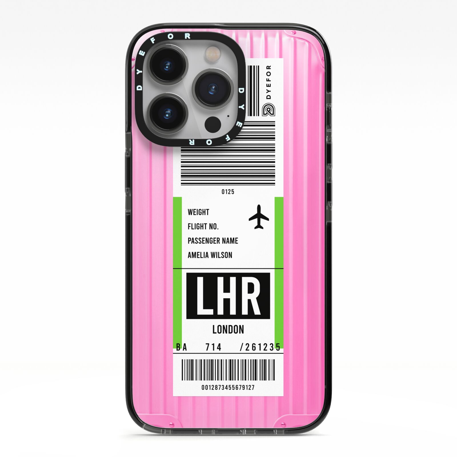 Customised Luggage Tag iPhone 13 Pro Black Impact Case on Silver phone