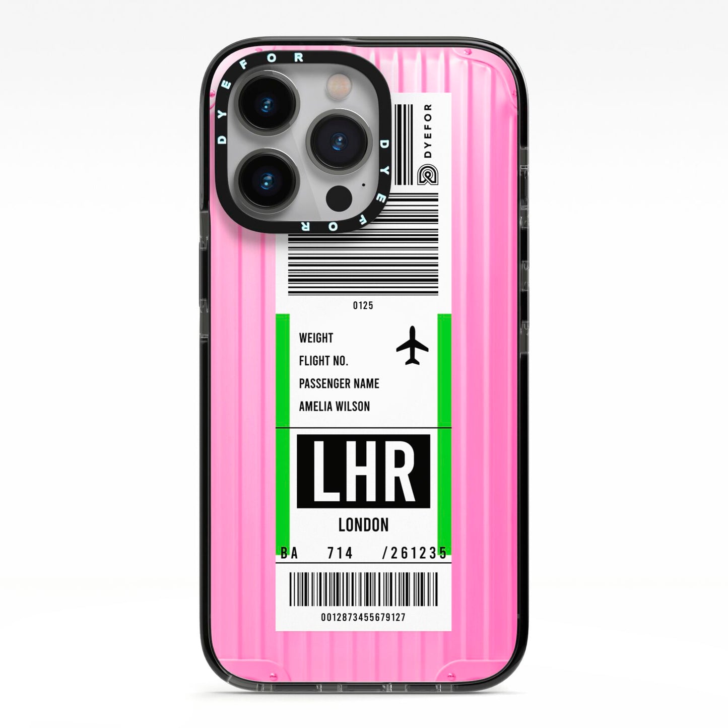 Customised Luggage Tag iPhone 13 Pro Black Impact Case on Silver phone