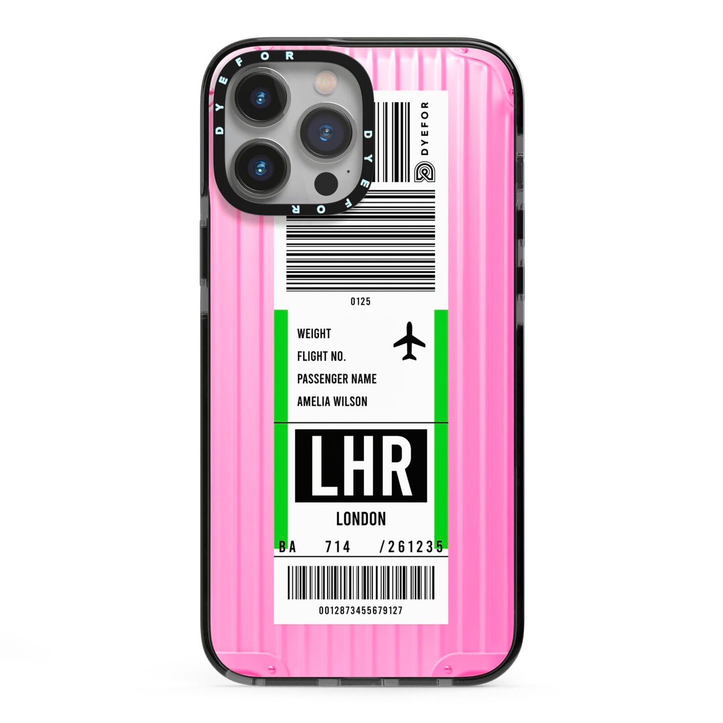 Customised Luggage Tag iPhone 13 Pro Max Black Impact Case on Silver phone