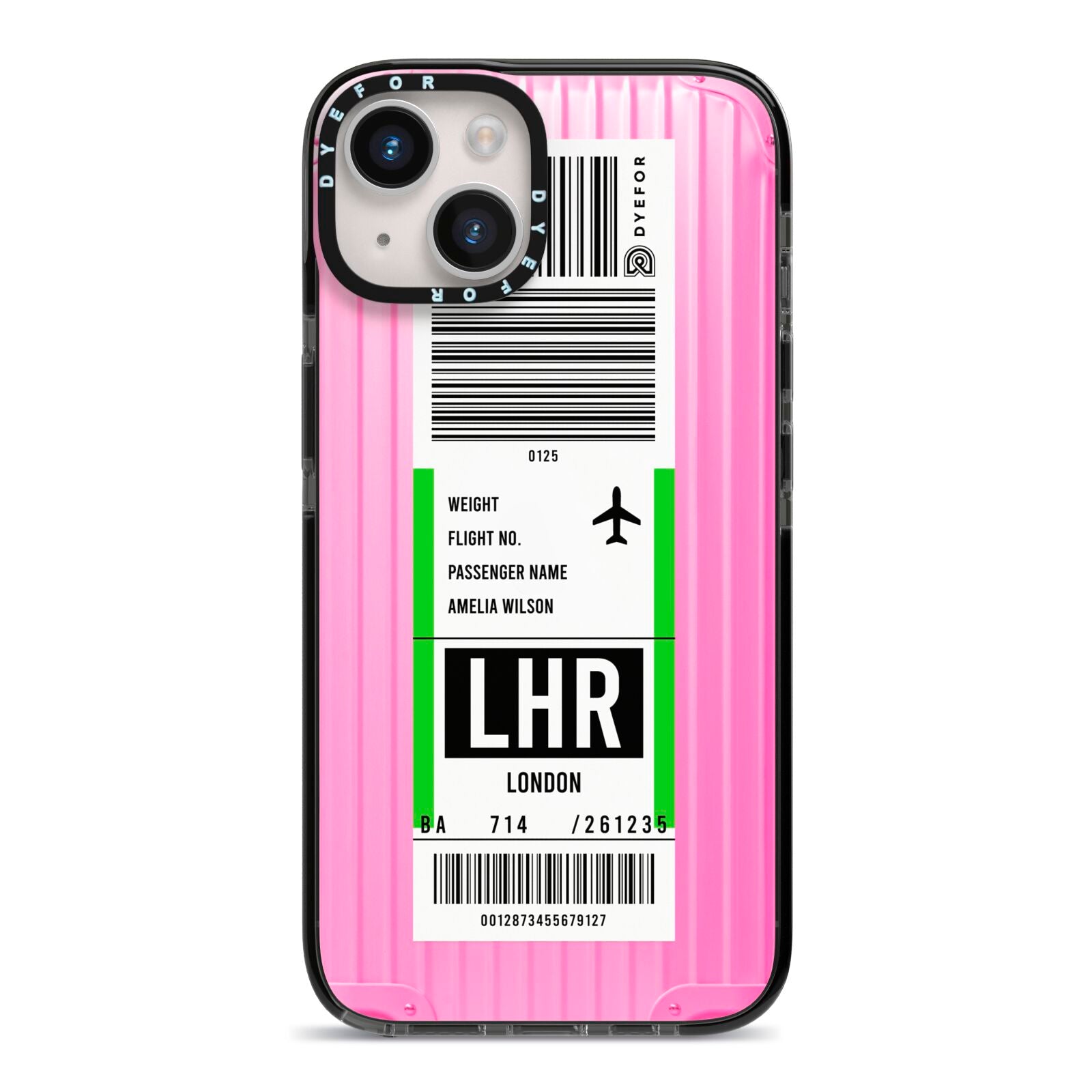 Customised Luggage Tag iPhone 14 Black Impact Case on Silver phone