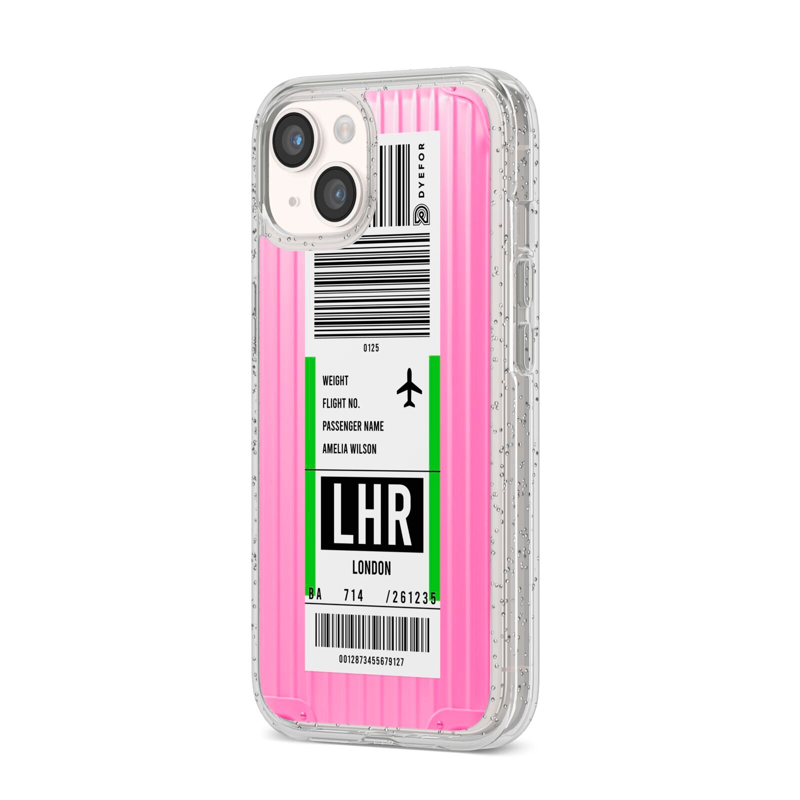 Customised Luggage Tag iPhone 14 Glitter Tough Case Starlight Angled Image