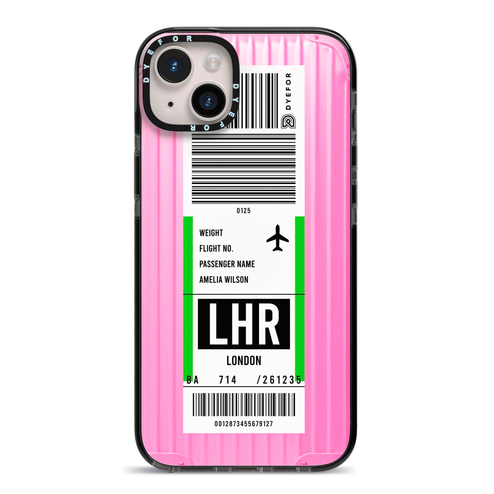 Customised Luggage Tag iPhone 14 Plus Black Impact Case on Silver phone
