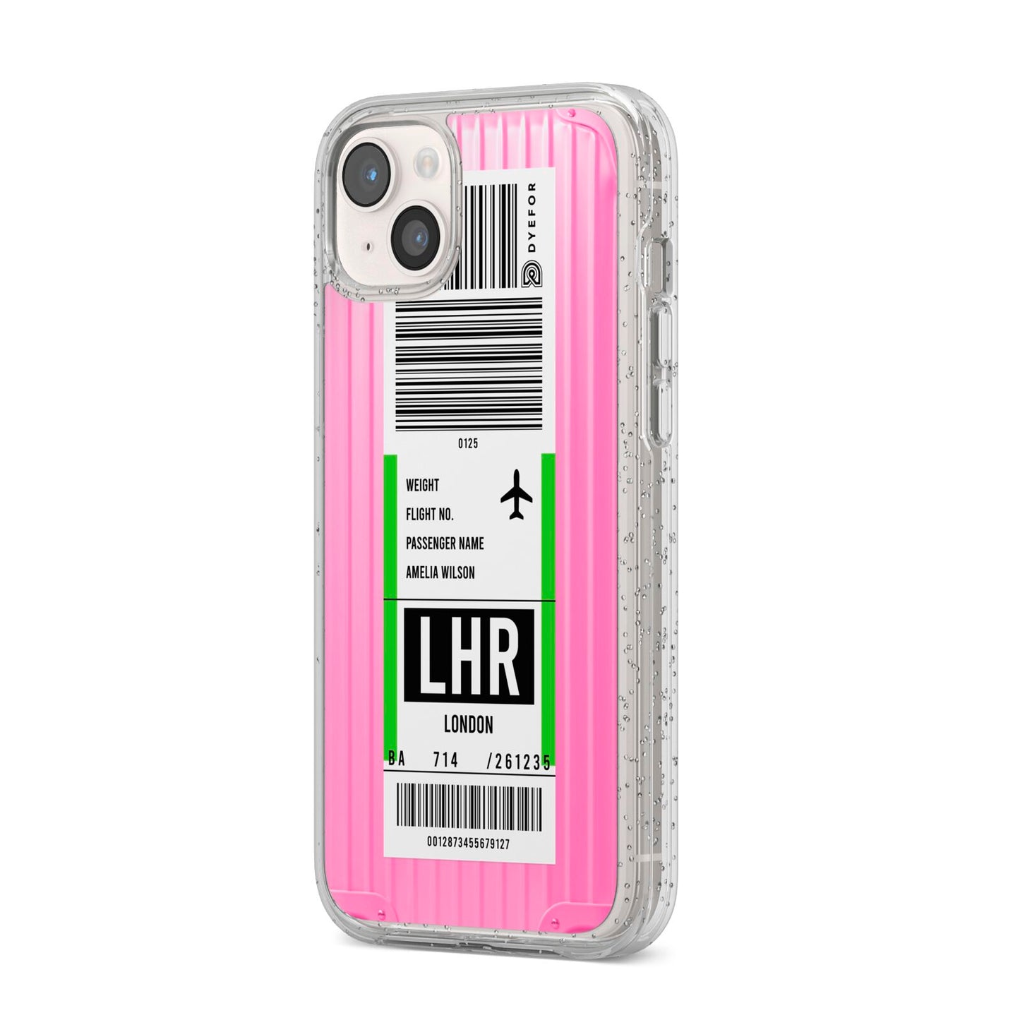 Customised Luggage Tag iPhone 14 Plus Glitter Tough Case Starlight Angled Image