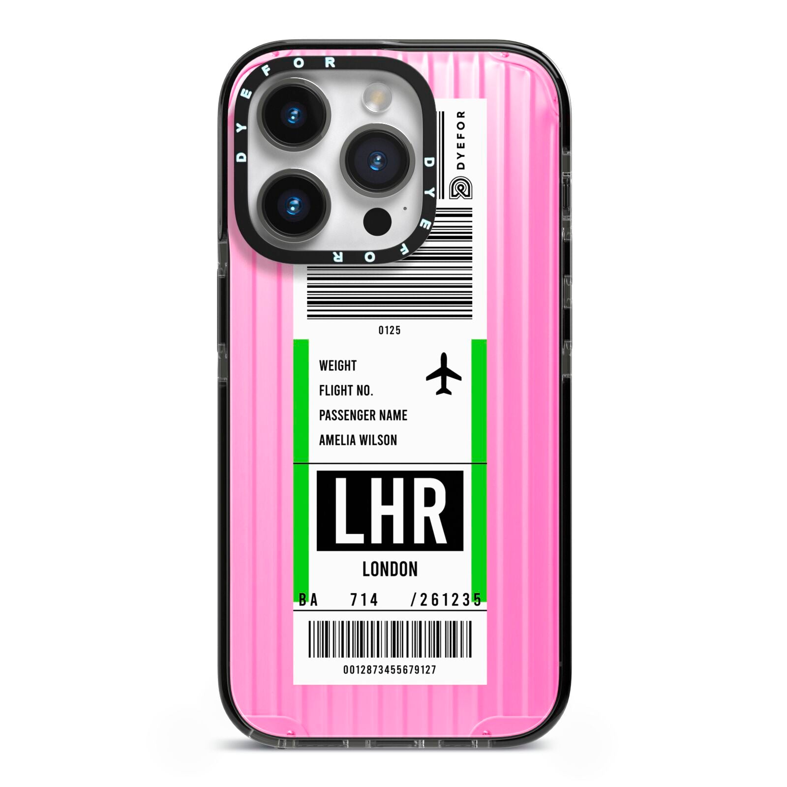 Customised Luggage Tag iPhone 14 Pro Black Impact Case on Silver phone