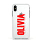 Customised Name Blood Apple iPhone Xs Impact Case White Edge on Silver Phone