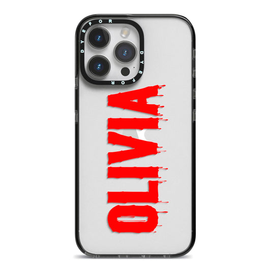 Customised Name Blood iPhone 14 Pro Max Black Impact Case on Silver phone